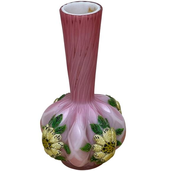 Thomas Webb Enameled Pink Satin Art Glass Vase With Beaded Flowers GUC - Picture 2 of 11